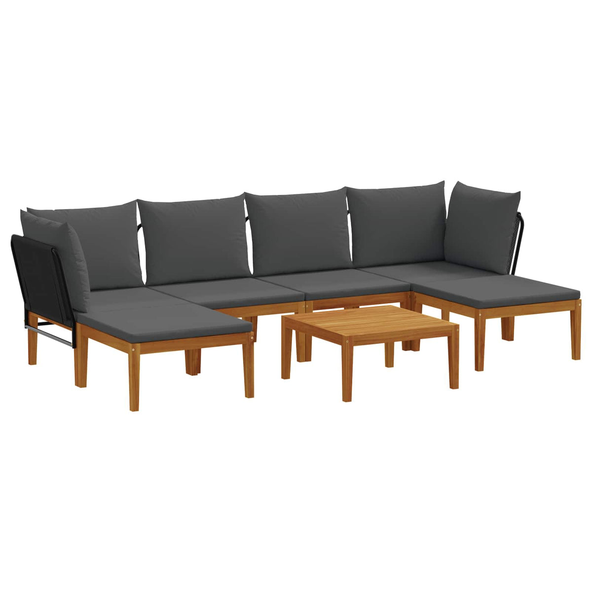 6 pcs Solid Acacia Wood & Rope Natural Black and anthracite 1x corner +1x middle +1x footrest–3x corner +2x middle +table 2x corner +2x middle +2x footrest +table