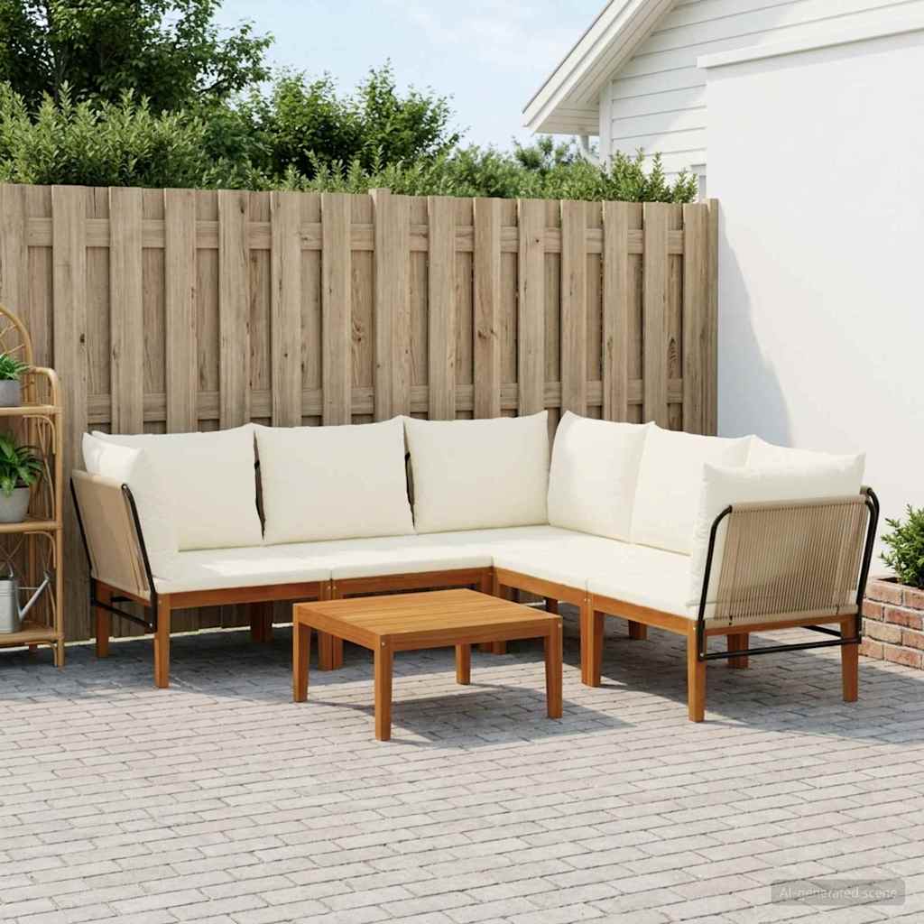 6 pcs Solid Acacia Wood & Rope Natural Beige and cream white 1x corner +1x middle +1x footrest–3x corner +2x middle +table 3x corner +2x middle +table