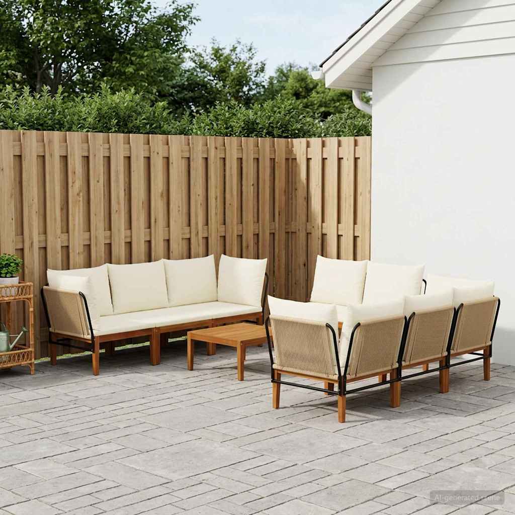 9 pcs Solid Acacia Wood & Rope Natural Beige and cream white 3x corner +3x middle +1x footrest +table–5x corner +3x middle +1x footrest +table 4x corner +4x middle +table