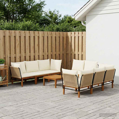 9 pcs Solid Acacia Wood & Rope Natural Beige and cream white 3x corner +3x middle +1x footrest +table–5x corner +3x middle +1x footrest +table 4x corner +4x middle +table
