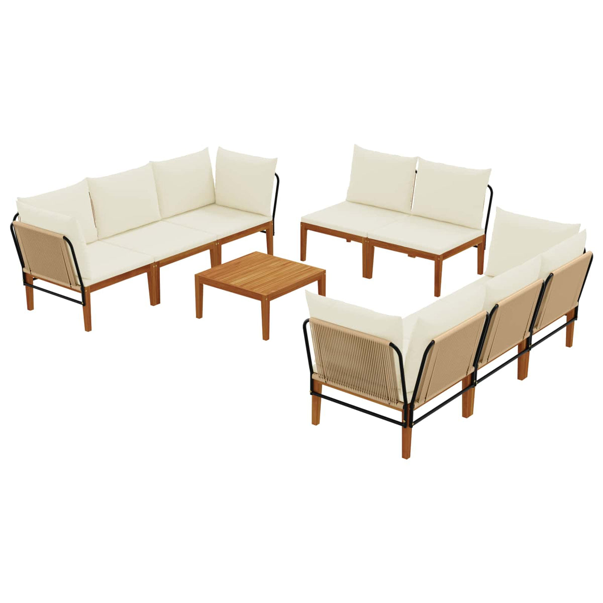 9 pcs Solid Acacia Wood & Rope Natural Beige and cream white 3x corner +3x middle +1x footrest +table–5x corner +3x middle +1x footrest +table 4x corner +4x middle +table