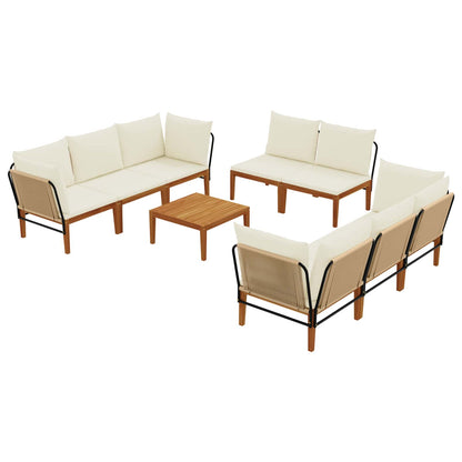 9 pcs Solid Acacia Wood & Rope Natural Beige and cream white 3x corner +3x middle +1x footrest +table–5x corner +3x middle +1x footrest +table 4x corner +4x middle +table