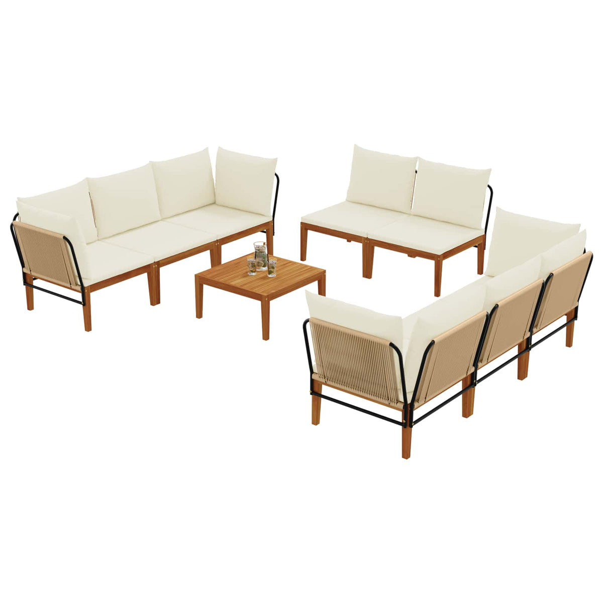 9 pcs Solid Acacia Wood & Rope Natural Beige and cream white 3x corner +3x middle +1x footrest +table–5x corner +3x middle +1x footrest +table 4x corner +4x middle +table