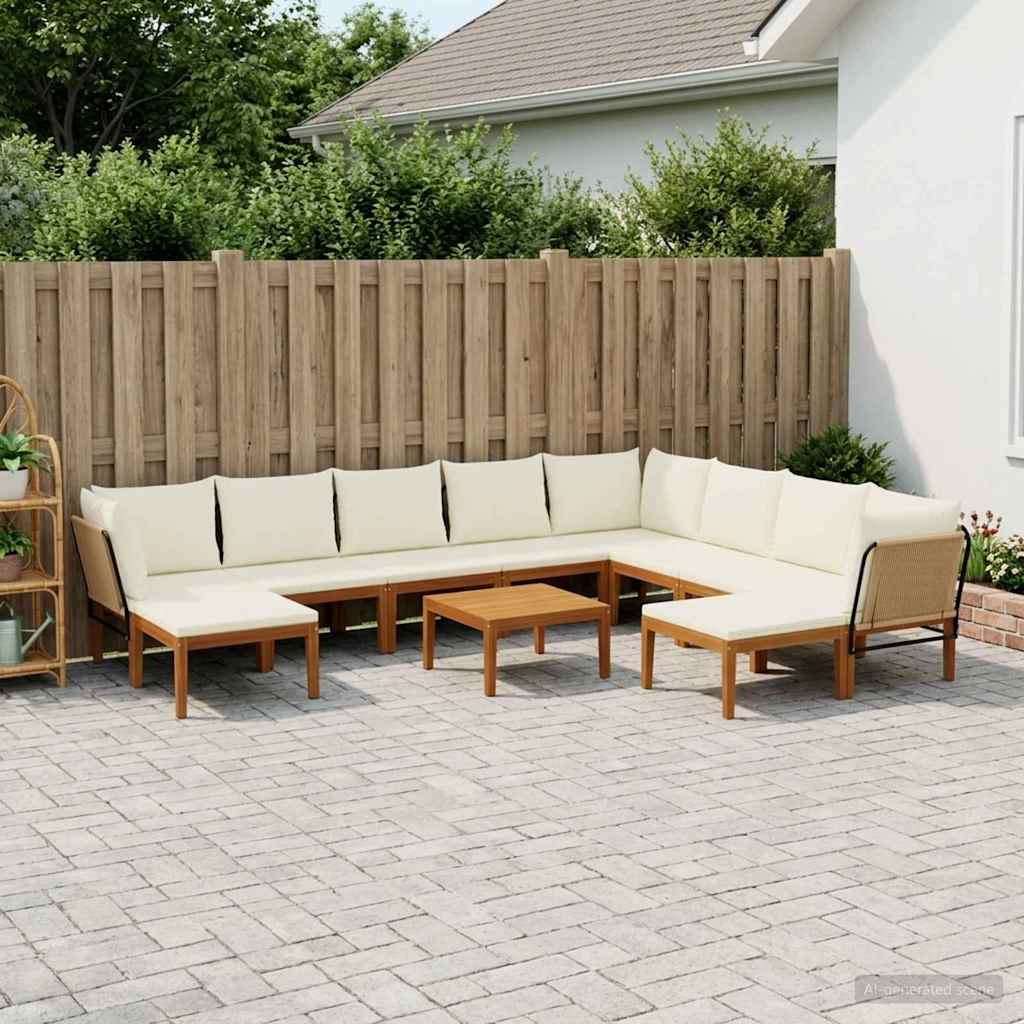 9 pcs Solid Acacia Wood & Rope Natural Beige and cream white 3x corner +3x middle +1x footrest +table–5x corner +3x middle +1x footrest +table 3x corner +5x middle +2x footrest +table