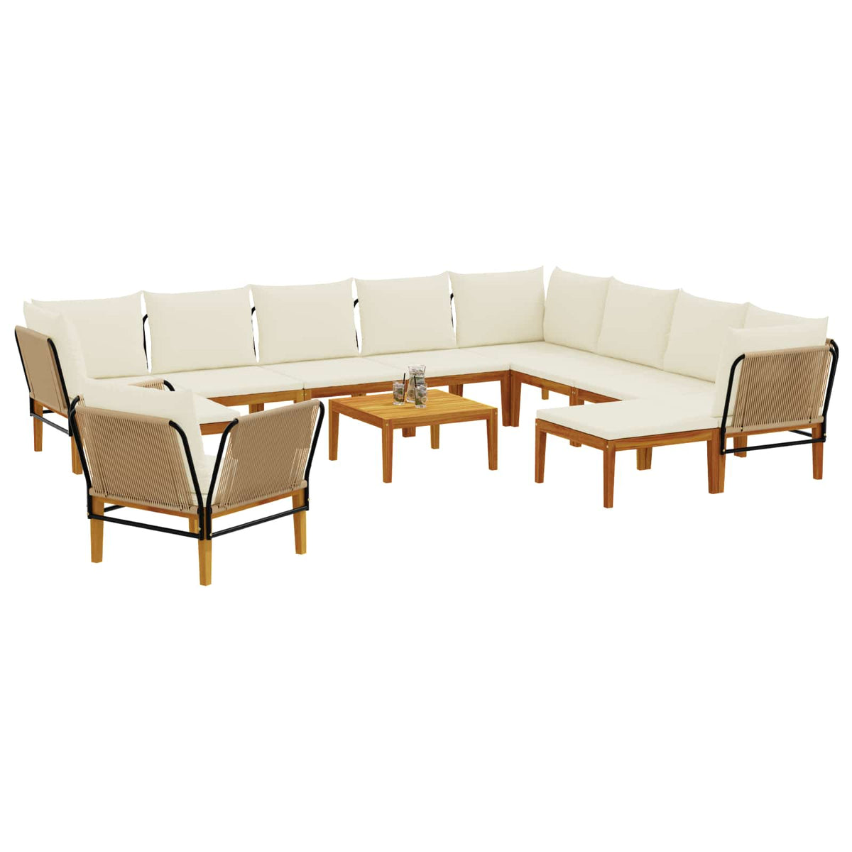 9 pcs Solid Acacia Wood & Rope Natural Beige and cream white 3x corner +3x middle +1x footrest +table–5x corner +3x middle +1x footrest +table 3x corner +5x middle +2x footrest +1x chair +table