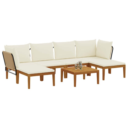 6 pcs Solid Acacia Wood & Rope Natural Beige and cream white 1x corner +1x middle +1x footrest–3x corner +2x middle +table 2x corner +2x middle +2x footrest +table