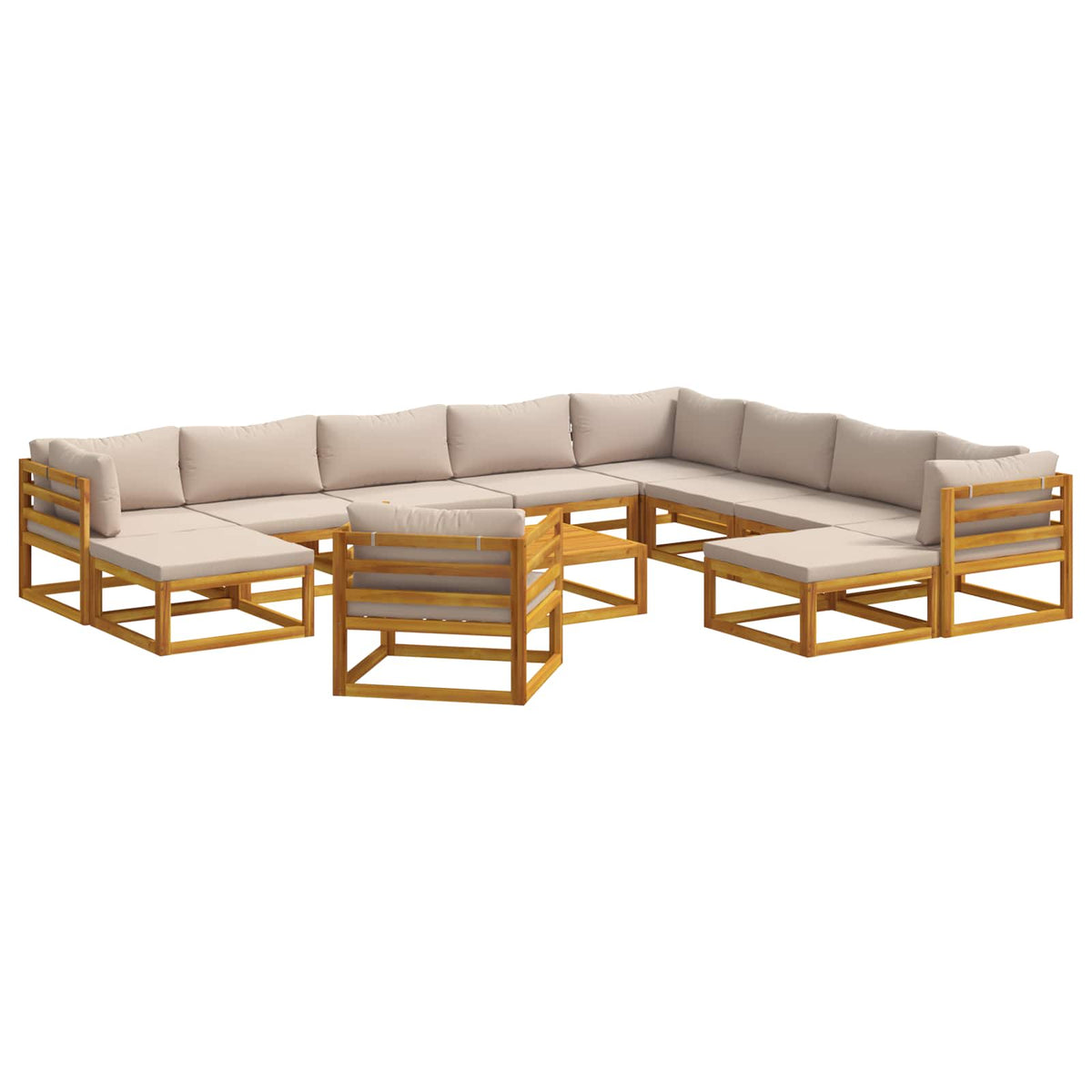 Sofa Set 7 pcs Natural Solid Acacia Wood Taupe 2x corner + 2x armchair + table–4x corner + 4x middle + table 3x corner + 5x middle + armchair + 2x footrest + table
