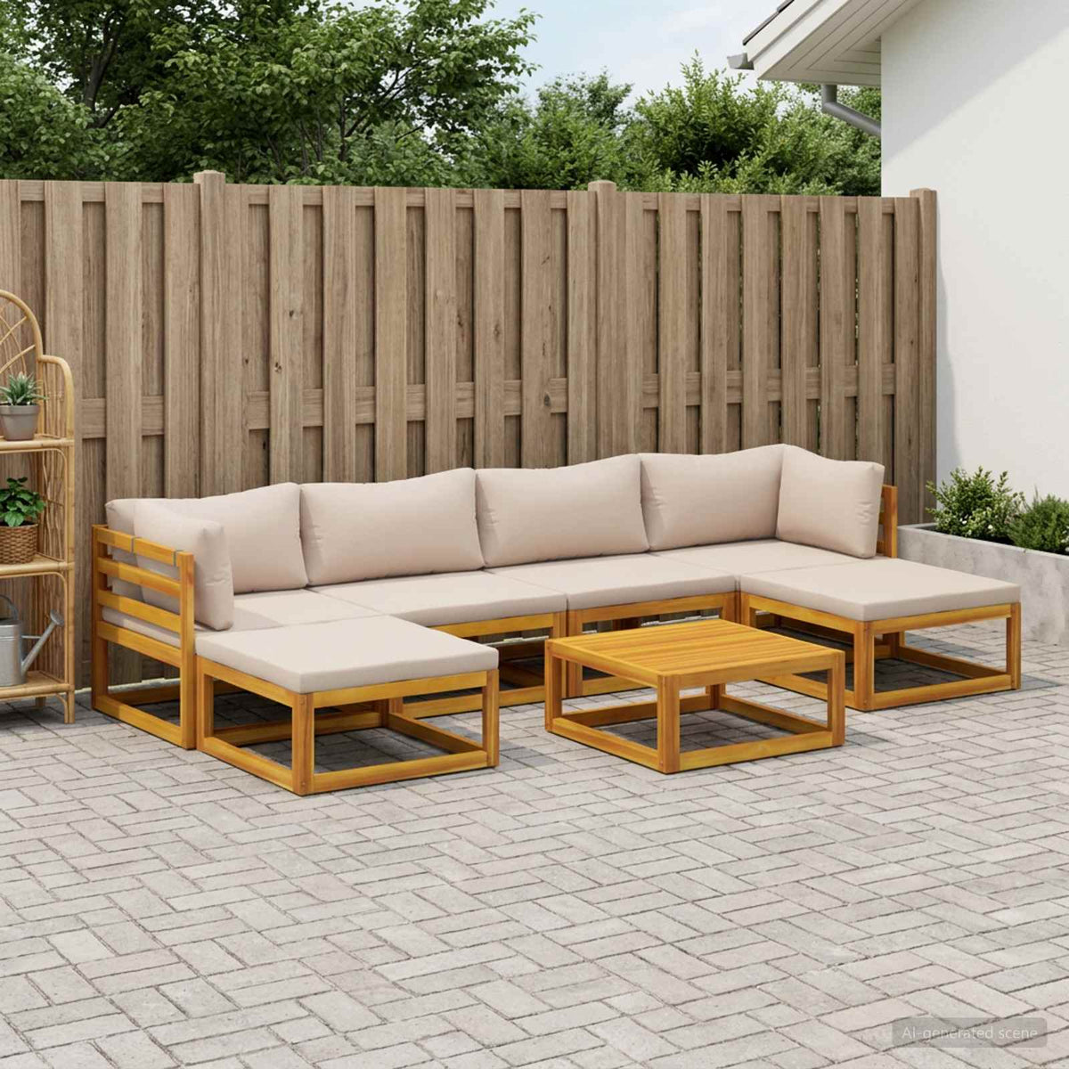 Sofa Set 7 pcs Natural Solid Acacia Wood Taupe 2x corner + 2x armchair + table–4x corner + 4x middle + table 2x corner + 2x middle + 2x footrest + table