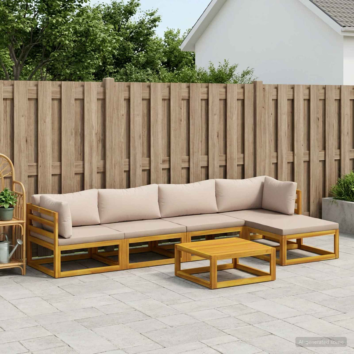 Sofa Set 7 pcs Natural Solid Acacia Wood Taupe 2x corner + 2x armchair + table–4x corner + 4x middle + table 2x corner + 2x middle + footrest + table