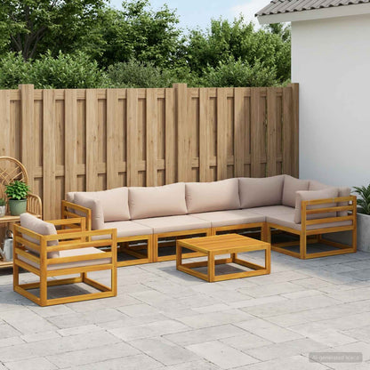 Sofa Set 7 pcs Natural Solid Acacia Wood Taupe 2x corner + 2x armchair + table–4x corner + 4x middle + table 3x corner + 2x middle + armchair + table
