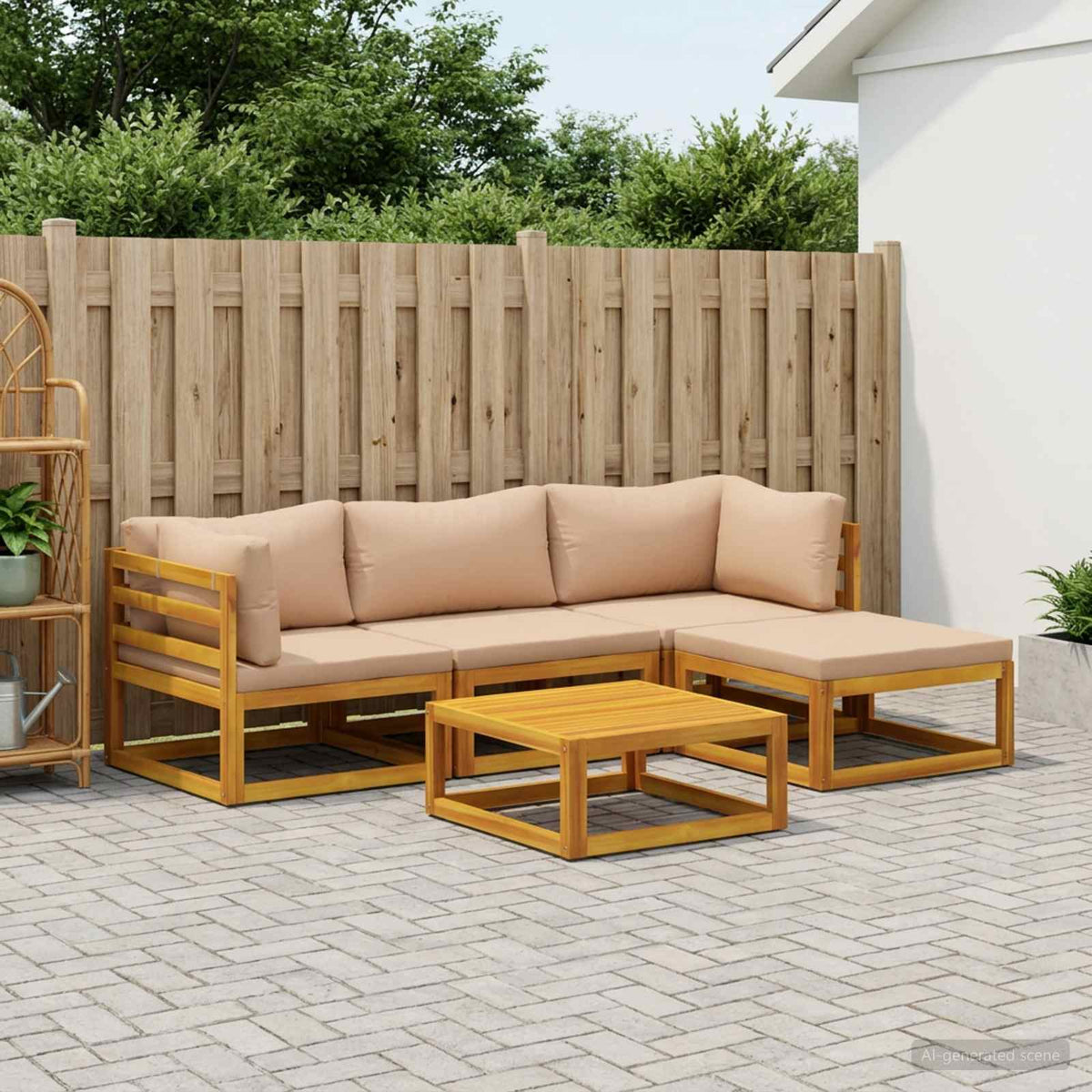 Sofa Set 7 pcs Natural Solid Acacia Wood Beige 2x corner + 2x armchair + table–4x corner + 4x middle + table 2x corner + middle + footrest + table
