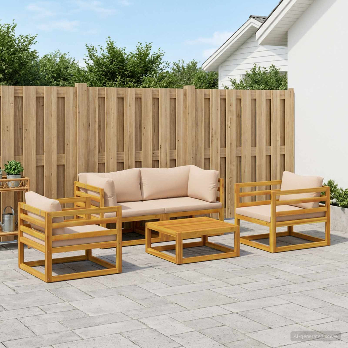 Sofa Set 7 pcs Natural Solid Acacia Wood Beige 2x corner + 2x armchair + table–4x corner + 4x middle + table 2x corner + 2x armchair + table