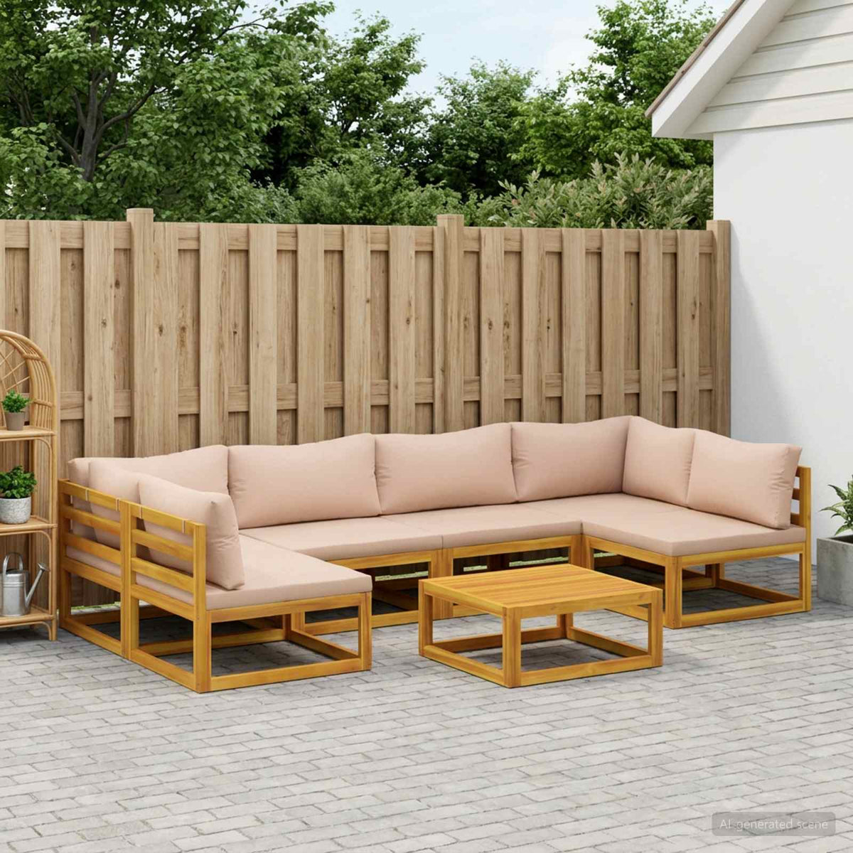 Sofa Set 7 pcs Natural Solid Acacia Wood Beige 2x corner + 2x armchair + table–4x corner + 4x middle + table 2x corner + 4x middle + table