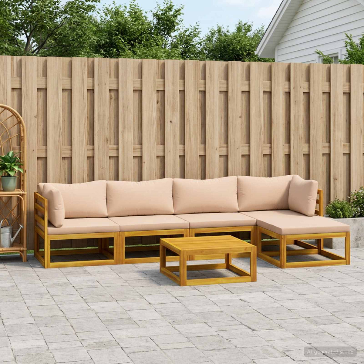 Sofa Set 7 pcs Natural Solid Acacia Wood Beige 2x corner + 2x armchair + table–4x corner + 4x middle + table 2x corner + 2x middle + footrest + table