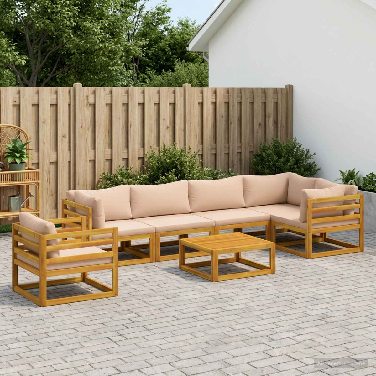 Sofa Set 7 pcs Natural Solid Acacia Wood Beige 2x corner + 2x armchair + table–4x corner + 4x middle + table 3x corner + 2x middle + armchair + table