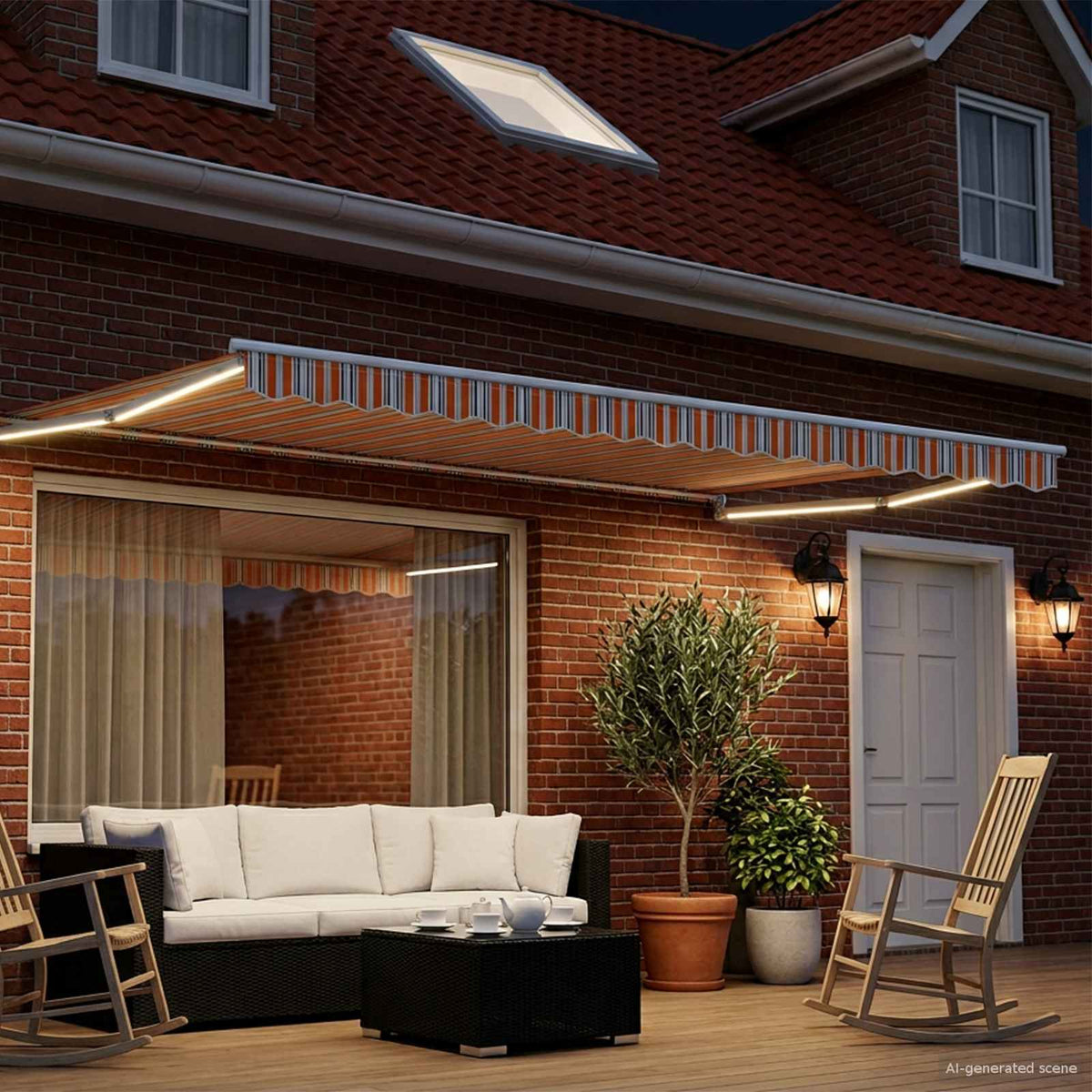 Manual Awning with Solar LED 5 x 3 m 100% Polyester White Drop 3 m Width 5 m Blue and orange