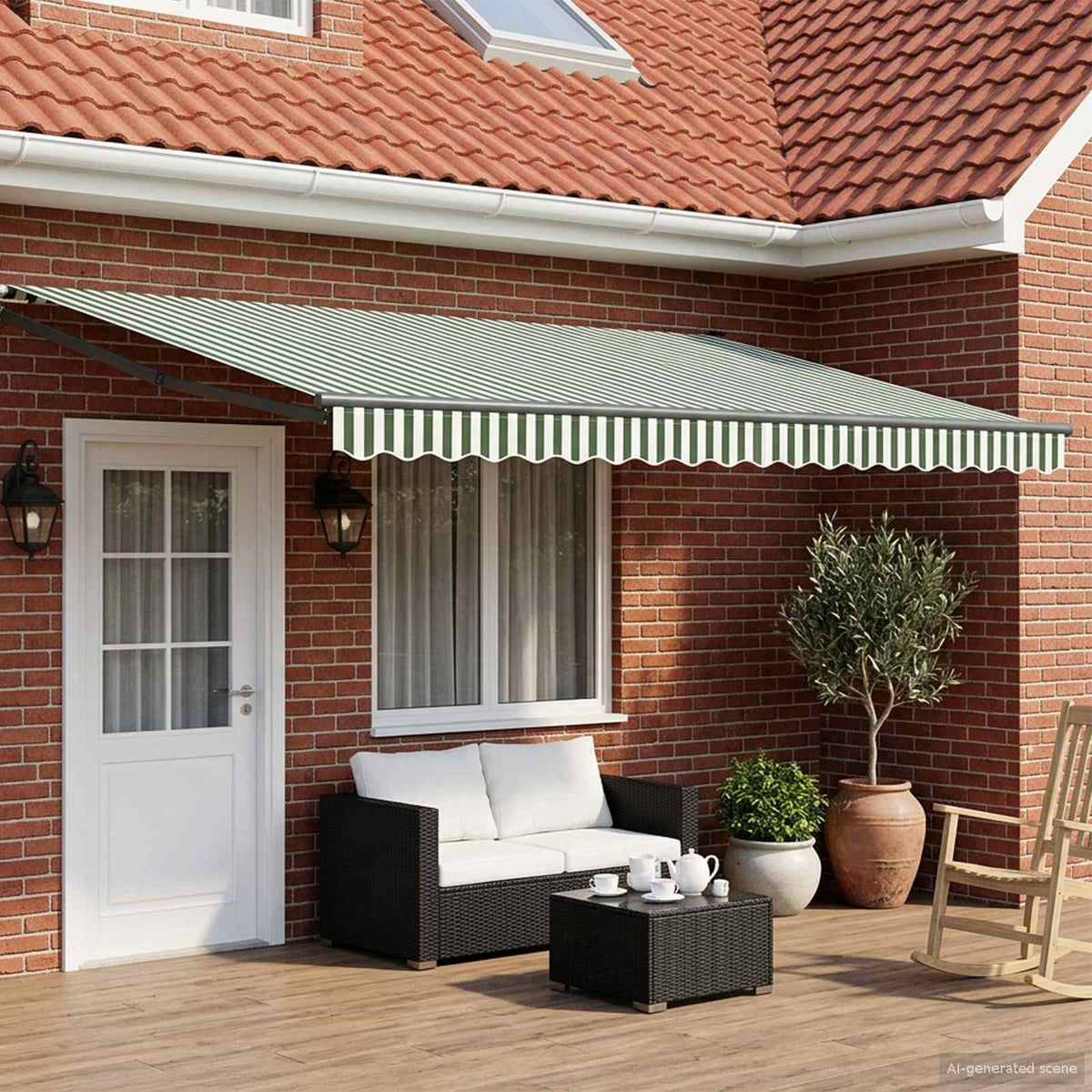Manual Awning with Solar LED 5 x 3 m 100% Polyester Anthracite Drop 3 m Width 5 m Green and white
