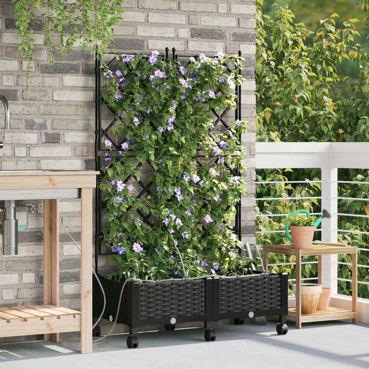 Garden Planter with Irrigation&Wheels 2 pcs PP with Wheels Width 80 cm Black 126 cm