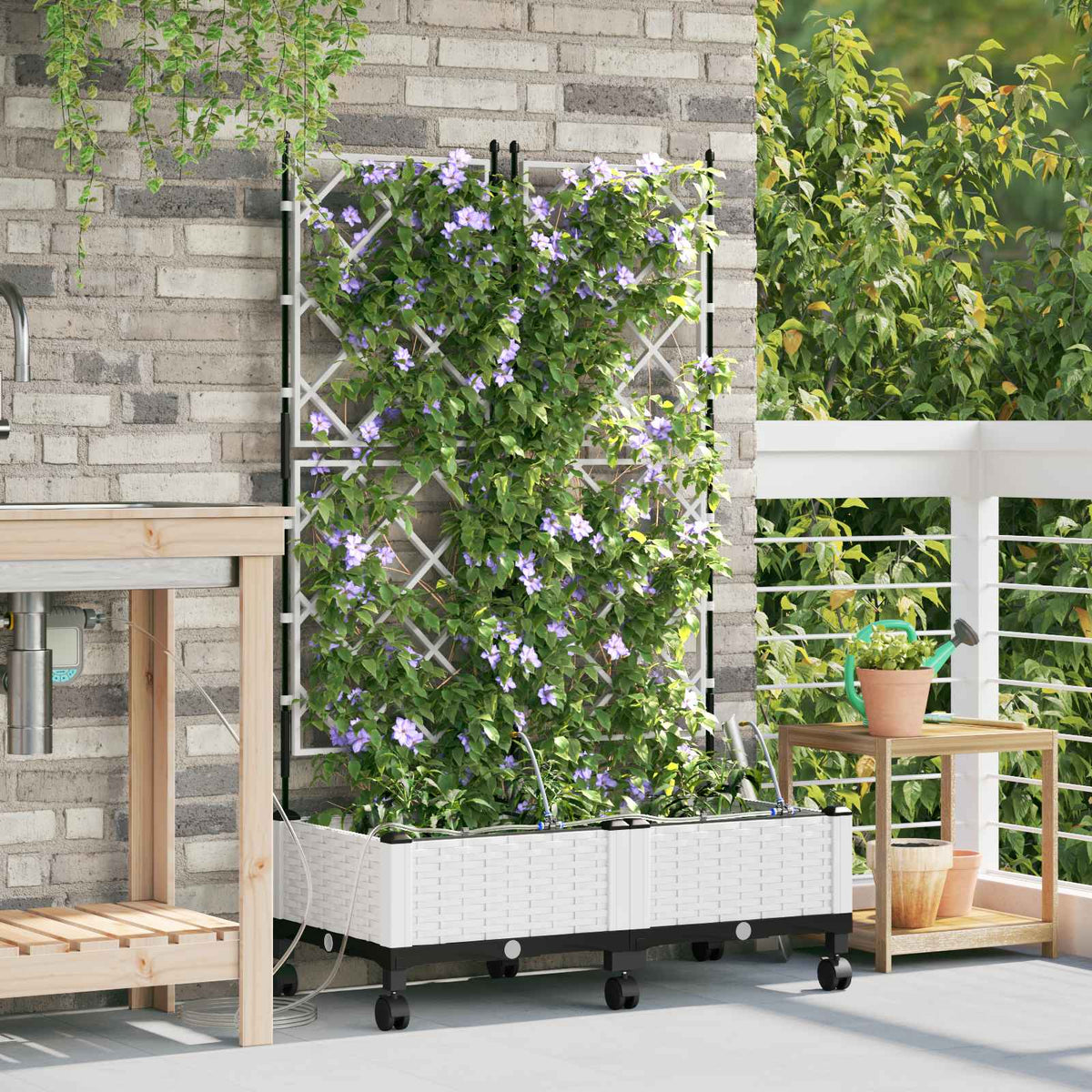 Garden Planter with Irrigation&Wheels 2 pcs PP with Wheels Width 80 cm White 126 cm