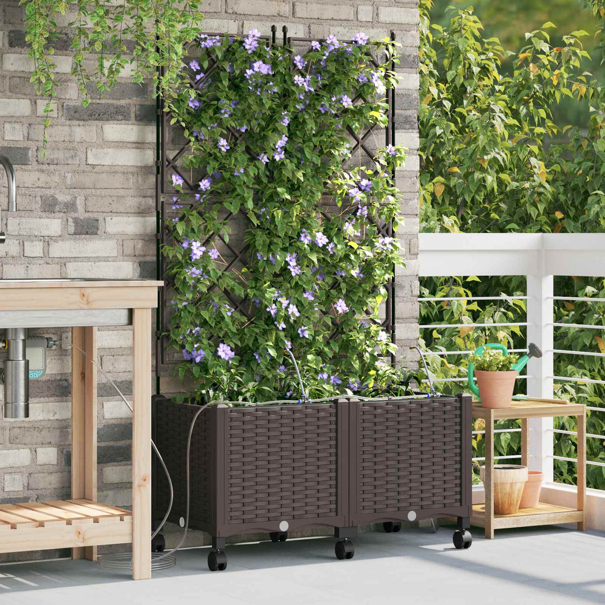Garden Planter with Irrigation&Wheels 2 pcs PP with Wheels Width 80 cm Brown 142 cm