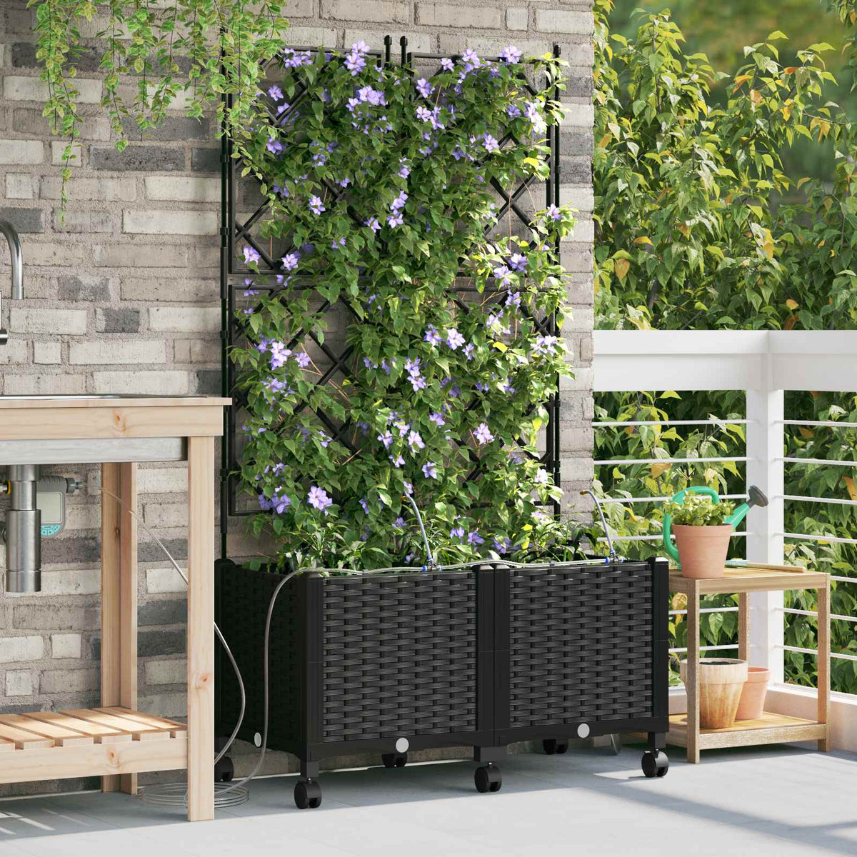 Garden Planter with Irrigation&Wheels 2 pcs PP with Wheels Width 80 cm Black 142 cm