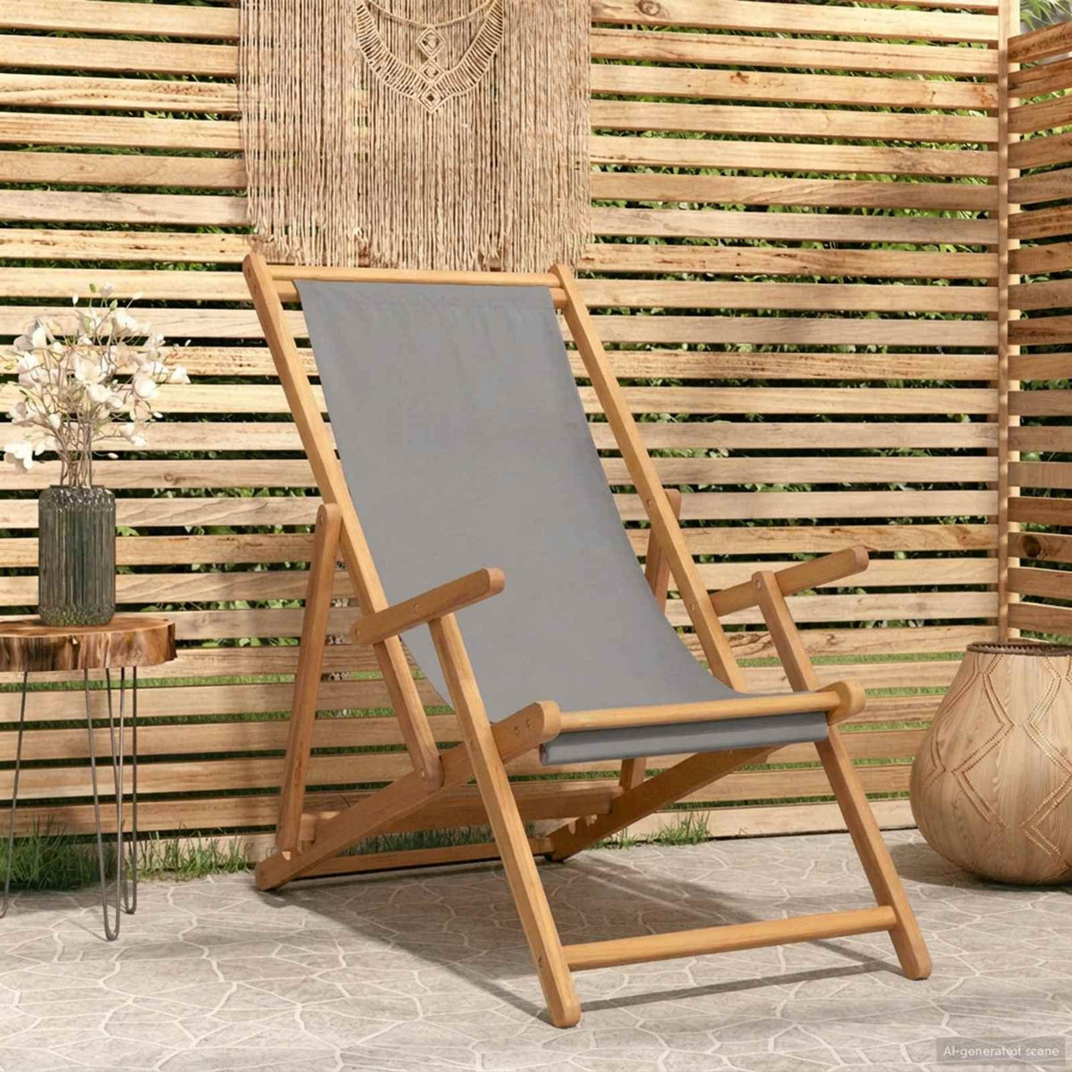 Beach Chair Solid Teak Wood Light grey with armrest