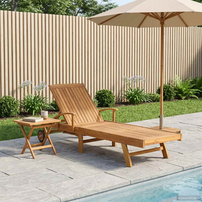 Sun Lounger with Cushion Solid Teak Wood Brown with table
