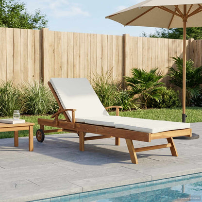 Sun Lounger with Cushion Solid Teak Wood Brown and cream without table