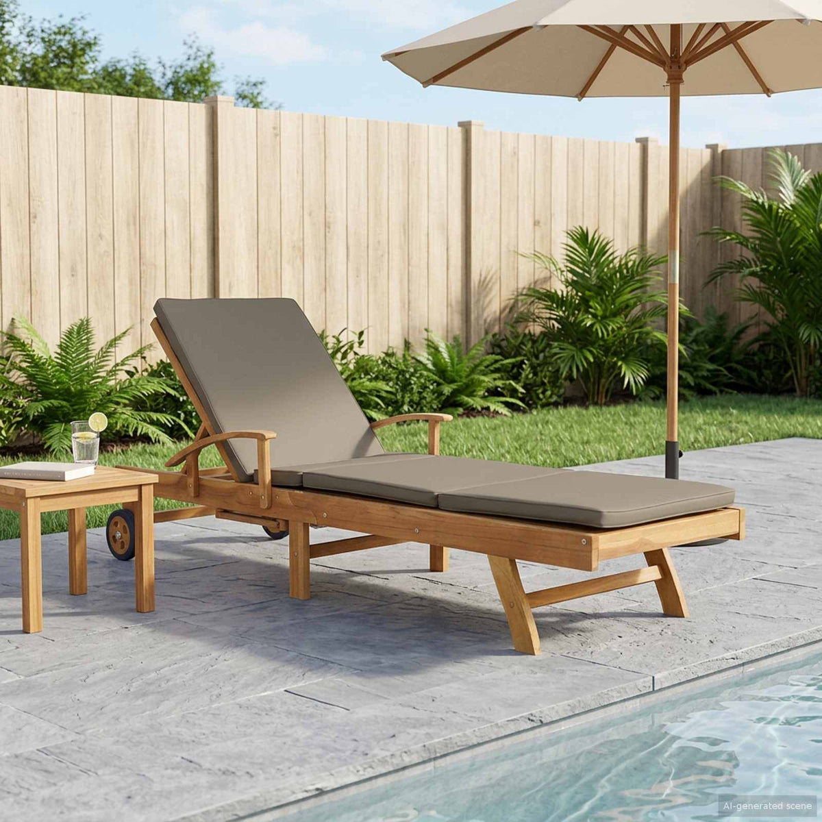 Sun Lounger with Cushion Solid Teak Wood Brown and taupe without table