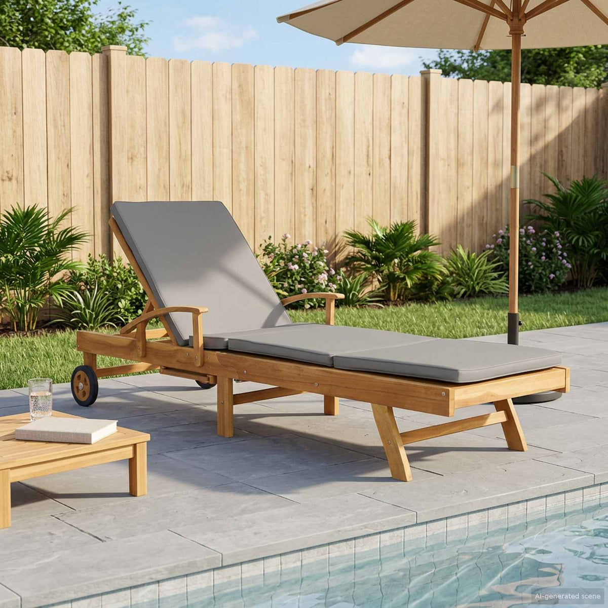 Sun Lounger with Cushion Solid Teak Wood Brown and light grey without table