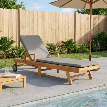 Sun Lounger with Cushion Solid Teak Wood Brown and light grey without table
