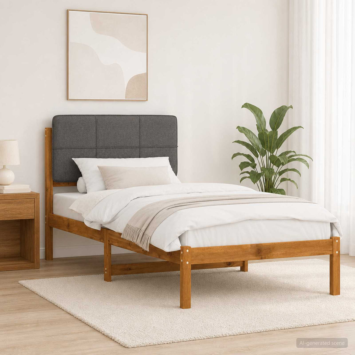 Bed Frame with Upholstered Headboard Length 190 cm Width 90 cm Natural and light grey