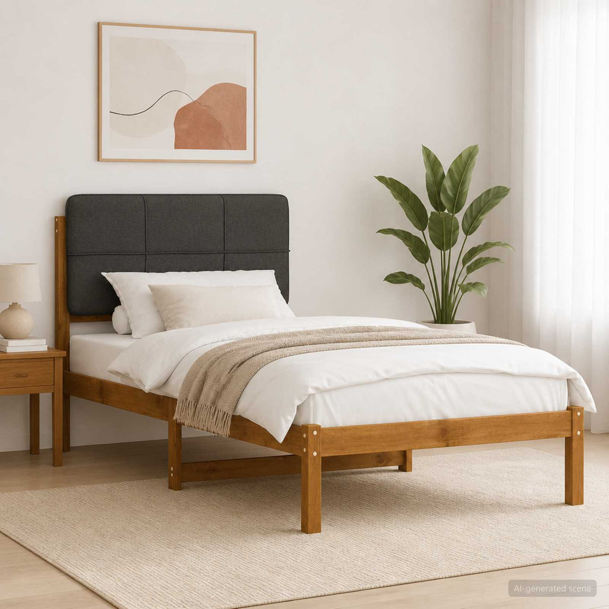 Bed Frame with Upholstered Headboard Length 190 cm Width 90 cm Natural and dark grey