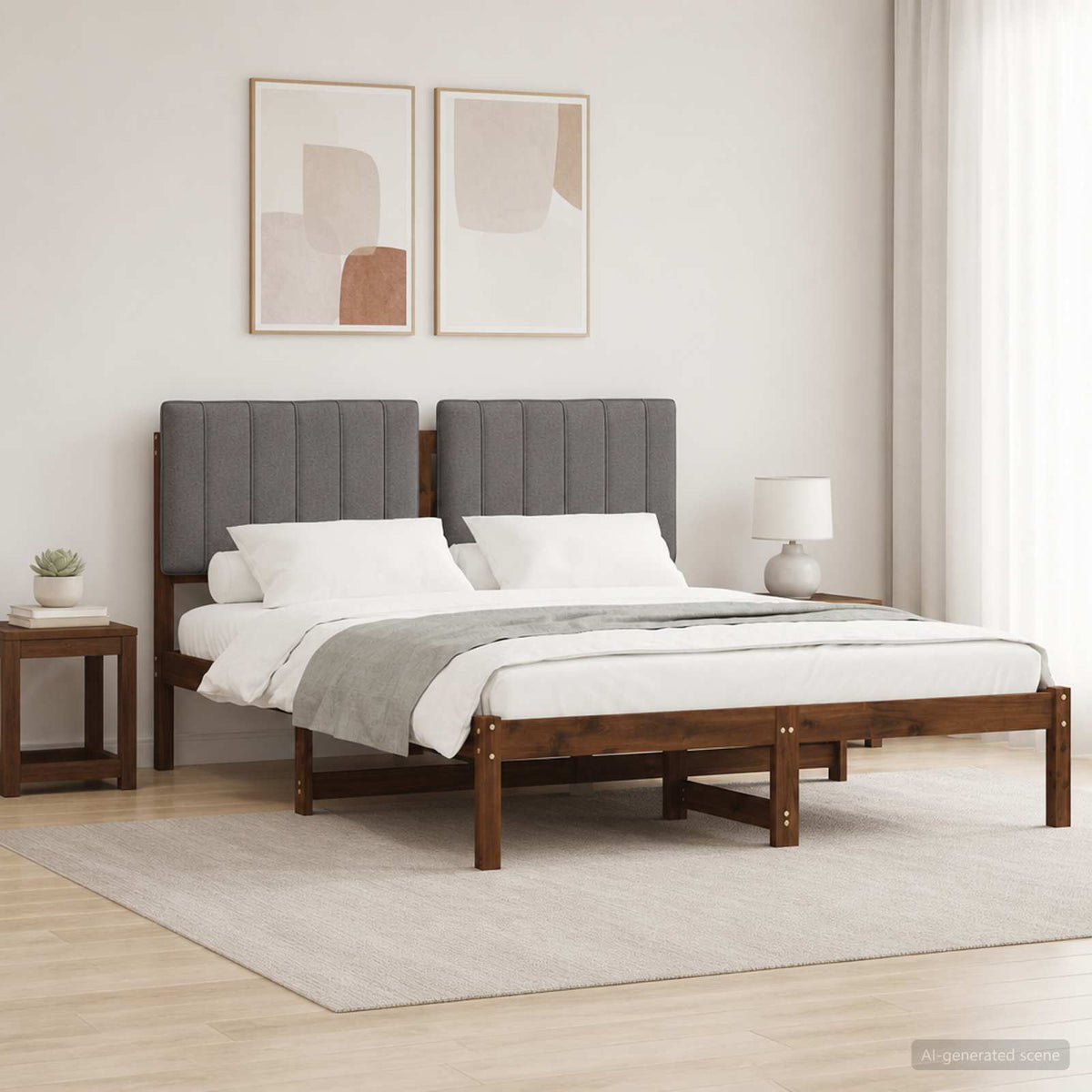 Bed Frame with Upholstered Headboard Length 190 cm Width 135 cm Dark brown and light grey