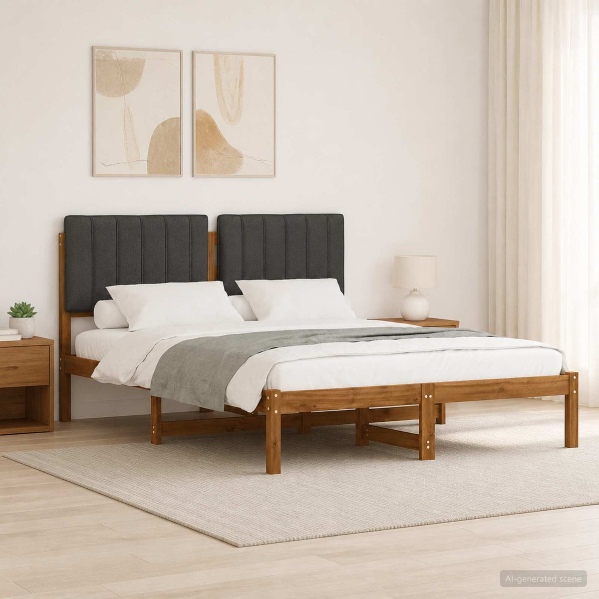 Bed Frame with Upholstered Headboard Length 200 cm Natural and Dark Grey 120 cm