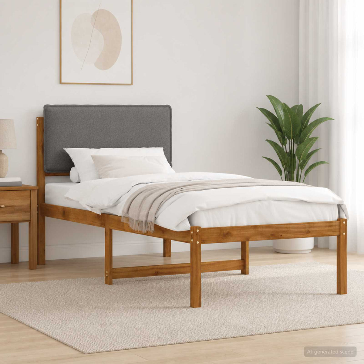 Bed Frame with Upholstered Headboard Natural and light grey 75 cm 190 cm