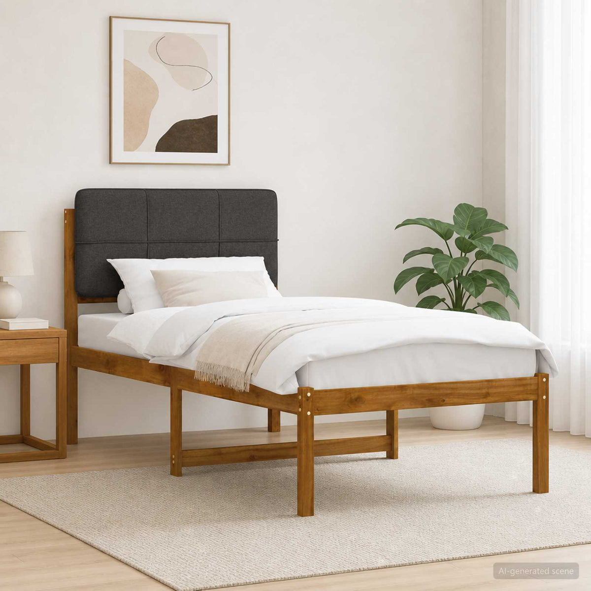 Bed Frame with Upholstered Headboard Natural and dark grey 75 cm 190 cm