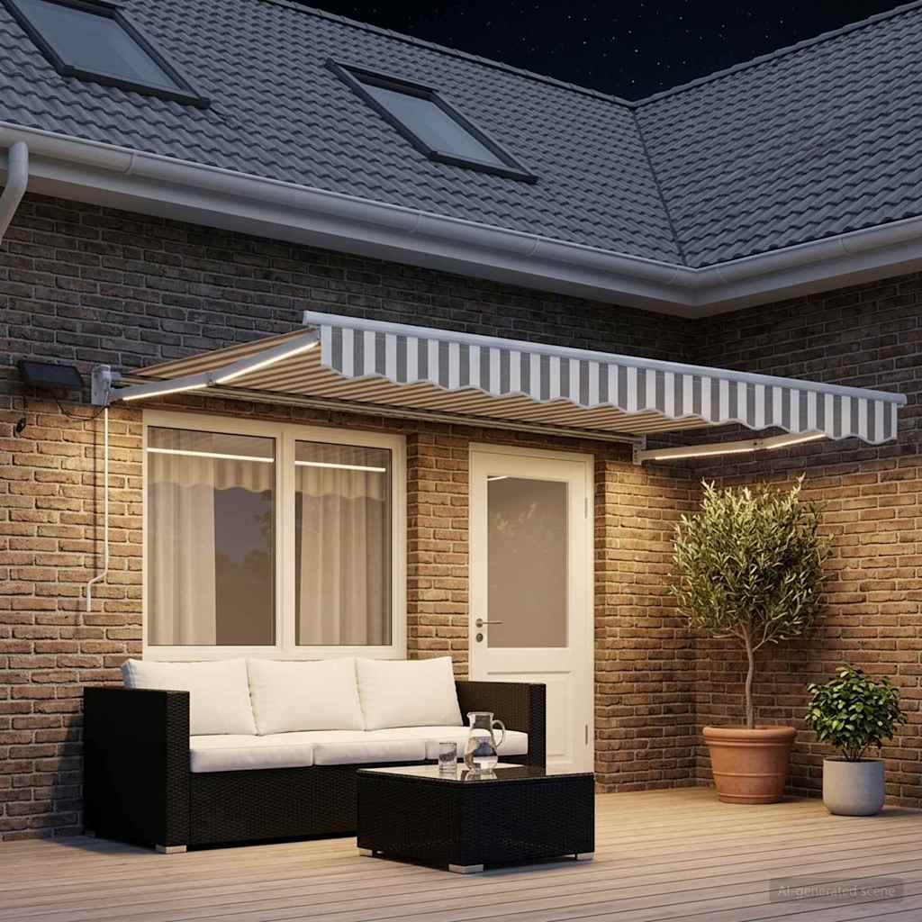 vidaXL Manual Retractable Awning with LEDs Light Grey and White 3