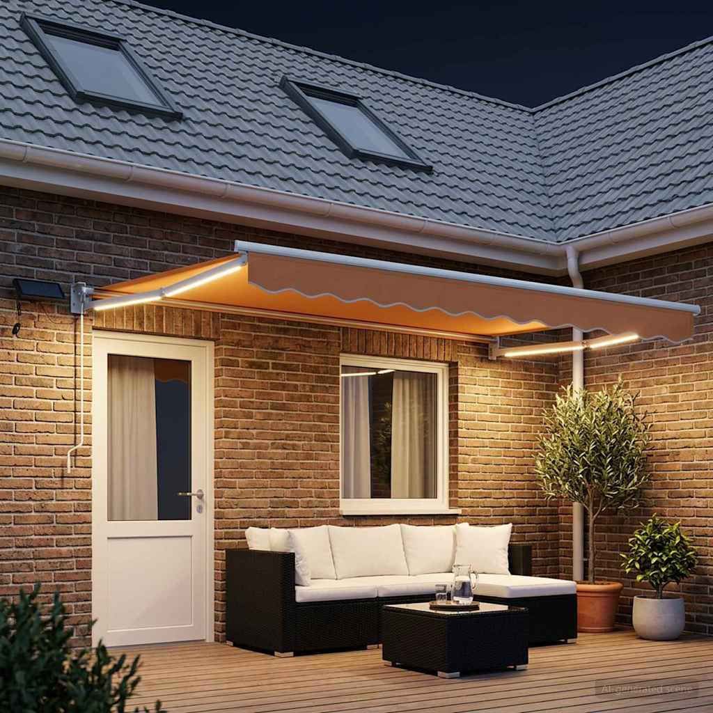 Manual Awning with Solar LED 5 x 3 m 100% Polyester White Drop 3 m Width 5 m Sand