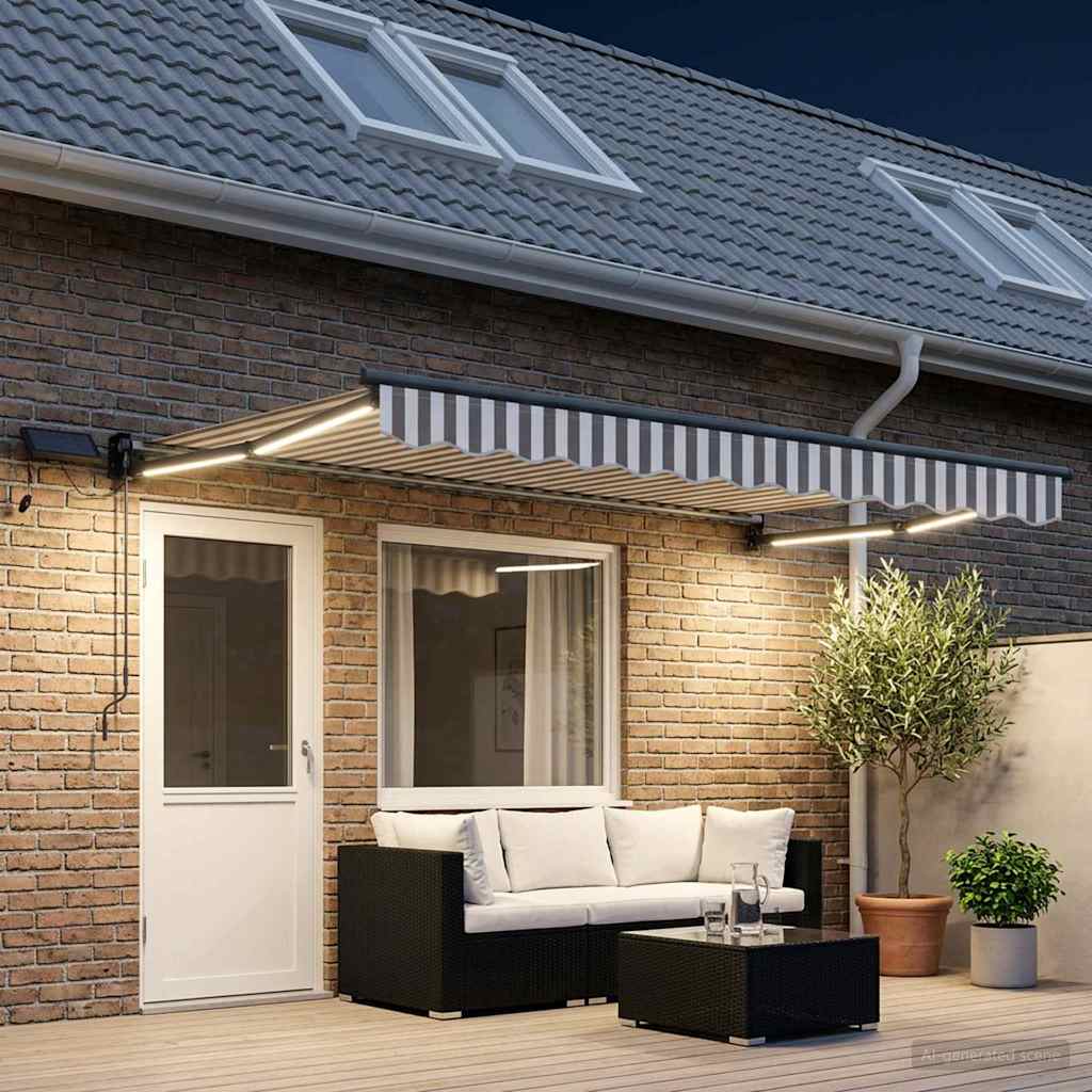 vidaXL Manual Retractable Awning with LEDs Light Grey and White 3