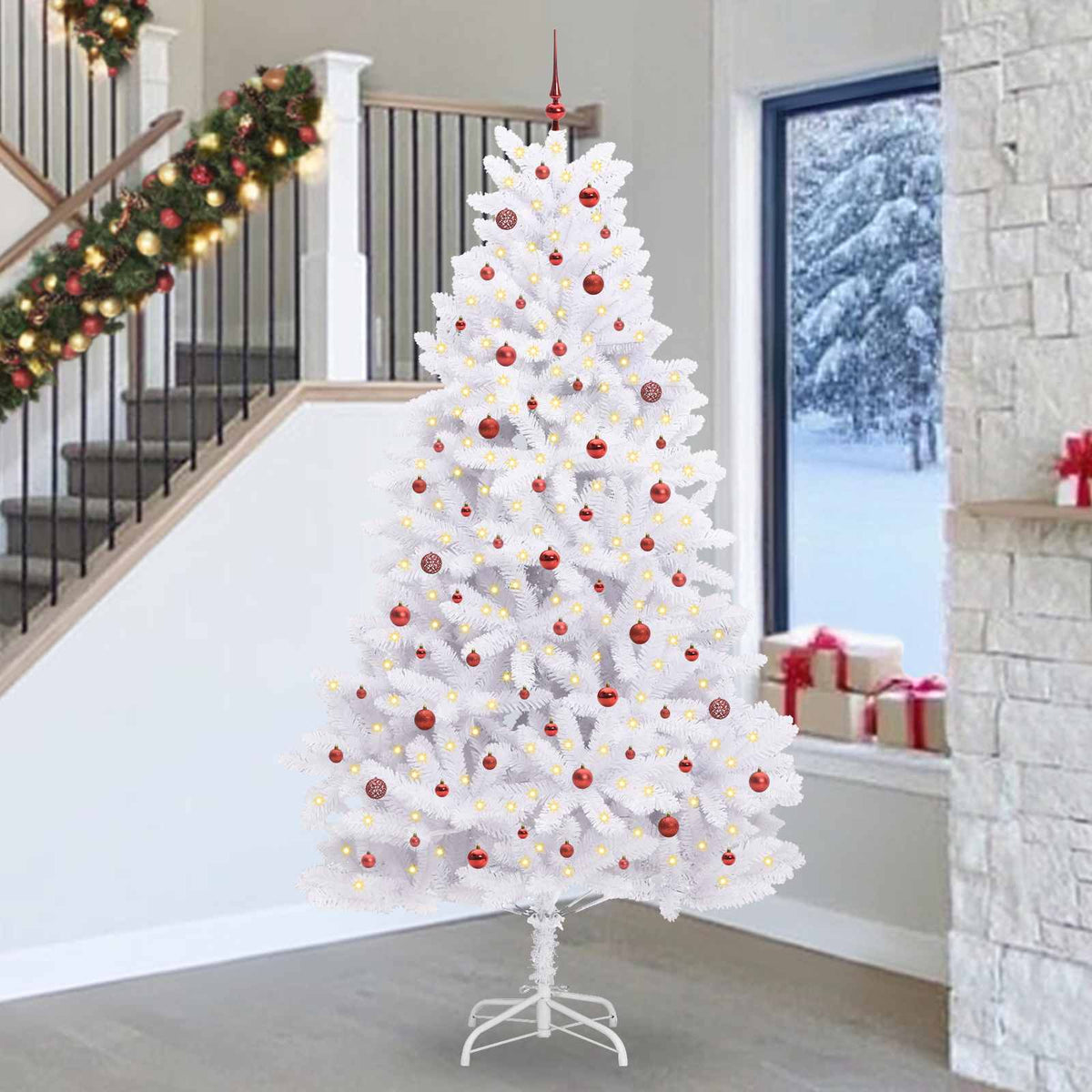 Artificial Hinged Christmas Tree White PVC and Steel 270 cm Red