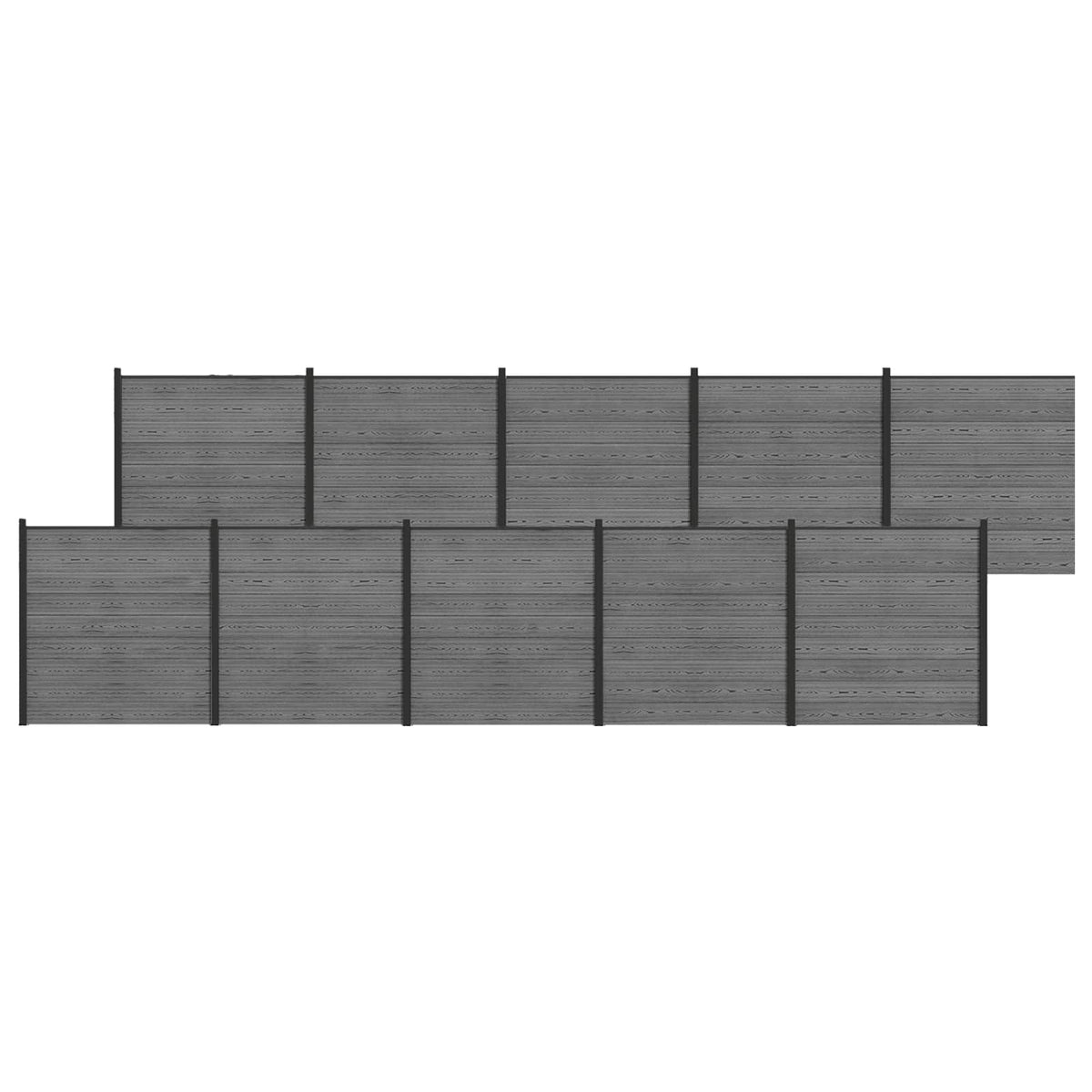 Fence Set 1737 x 186 cm WPC and Aluminium Grey 10 sections (dark grey post)–10 sections + 1 slanted section (dark grey post) 10 sections (dark grey post)