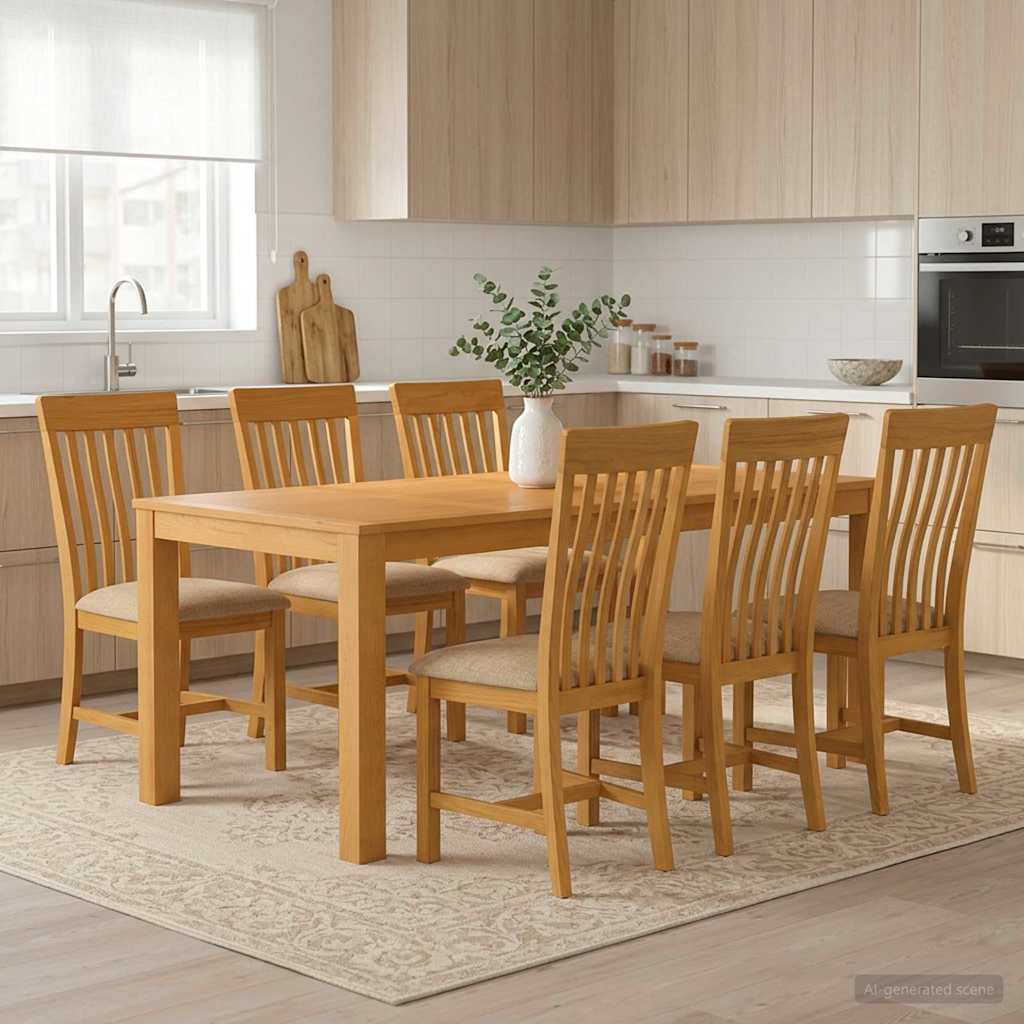 Dining Set RIJSWIJK 5 pcs Solid Oak Wood Beige 200 cm 100 cm Table + 6x chair