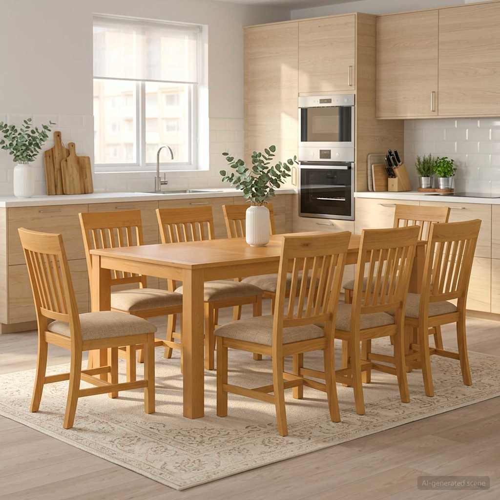 Dining Set 7 pcs Solid Oak Wood Beige 200 cm 100 cm Table + 8x chair