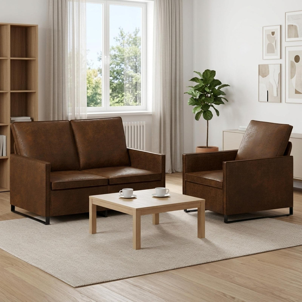Sofa Set 2 pcs Faux Suede Fabric Brown 1-Seater + 2-Seater (120 cm)