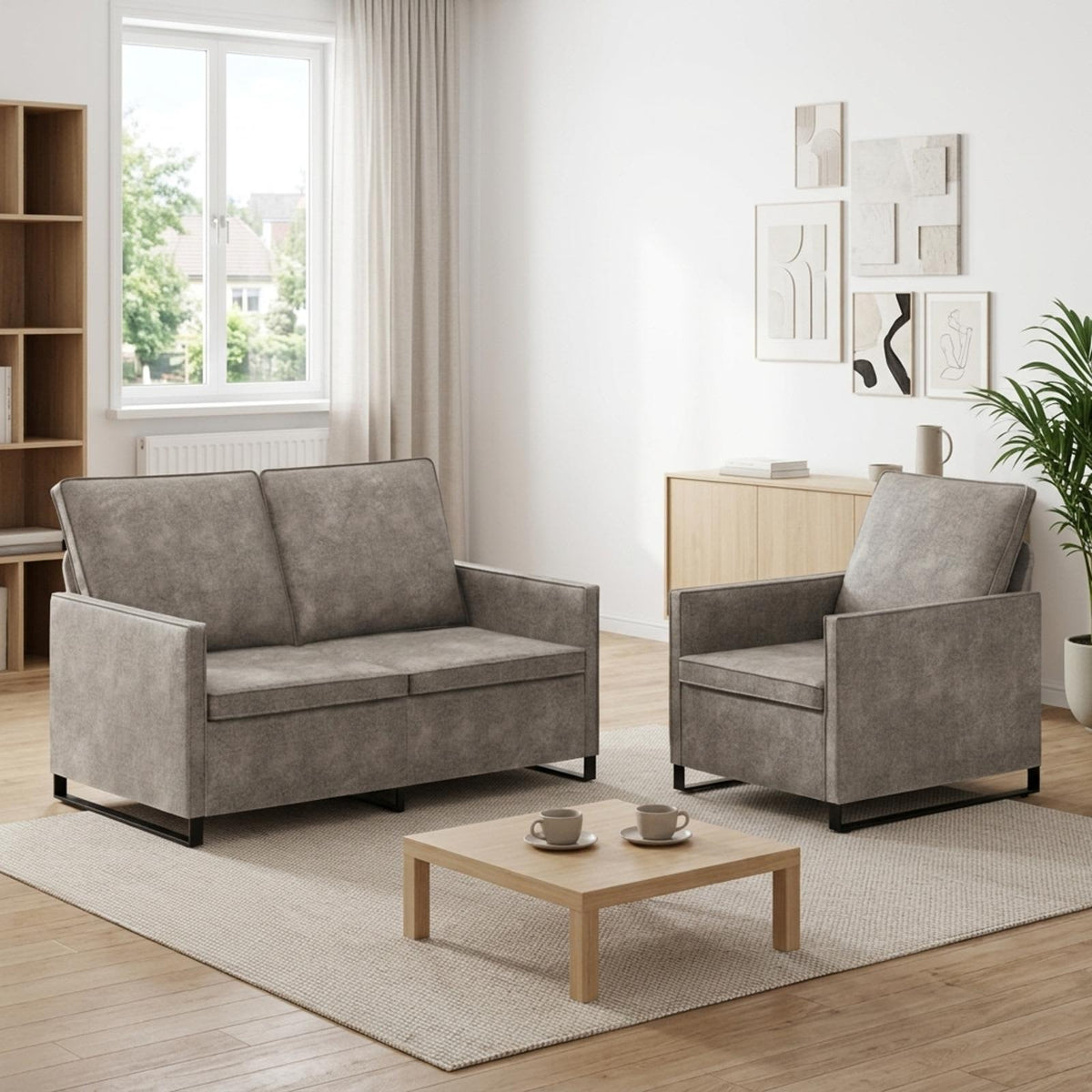 Sofa Set 2 pcs Faux Suede Fabric Light grey 1-Seater + 2-Seater (120 cm)