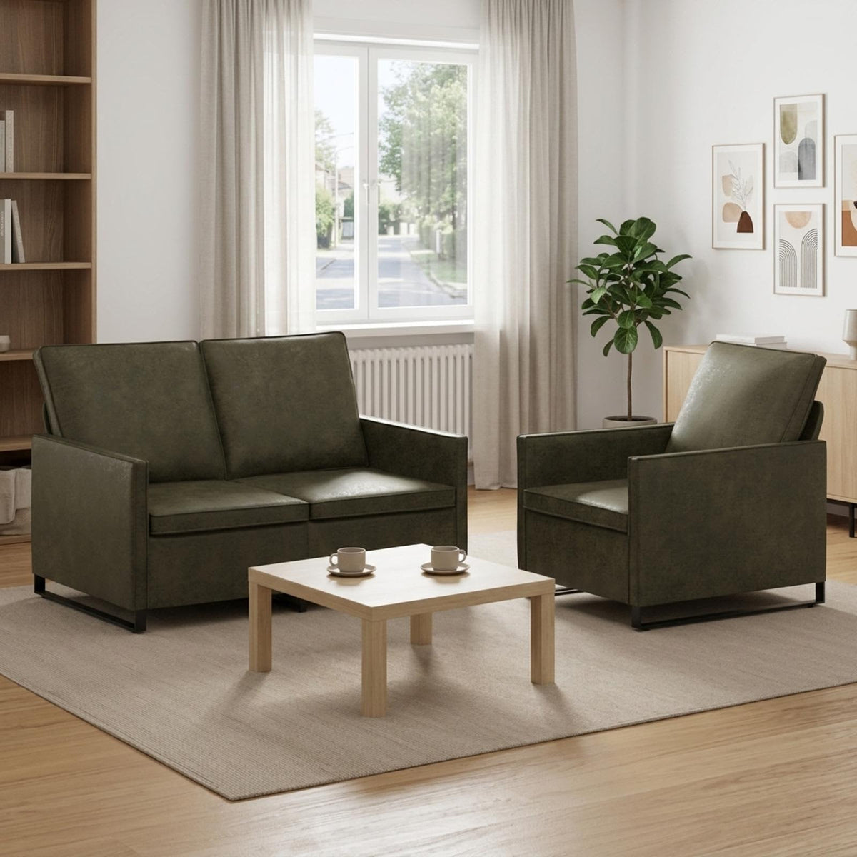Sofa Set 2 pcs Faux Suede Fabric Army green 1-Seater + 2-Seater (120 cm)