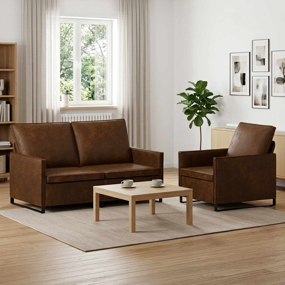 Sofa Set 2 pcs Faux Suede Fabric Brown 1-Seater + 2-Seater (140 cm)