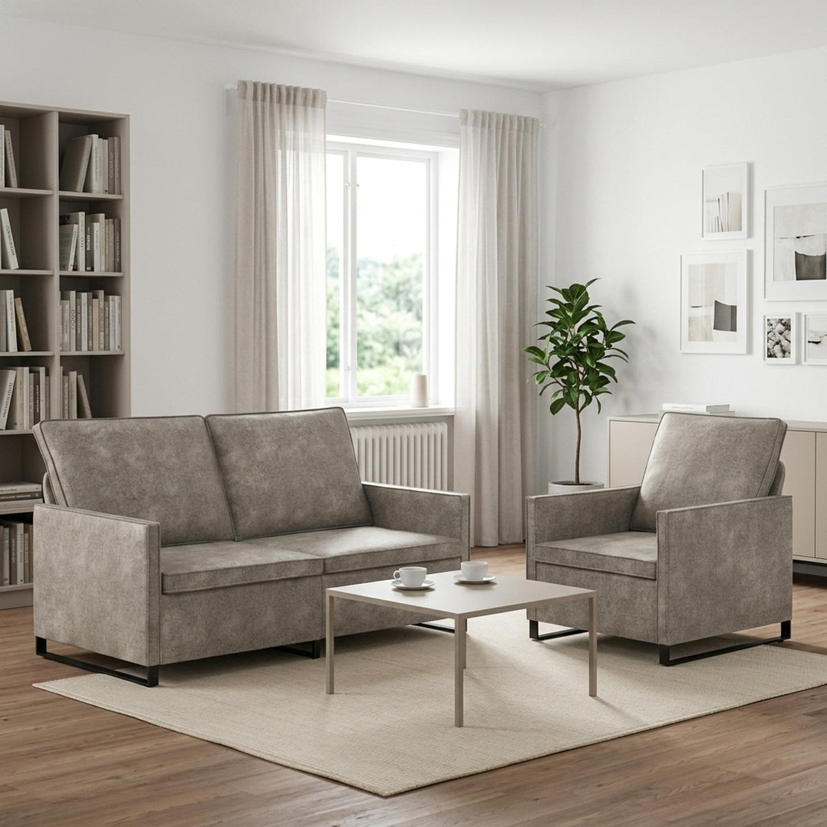 Sofa Set 2 pcs Faux Suede Fabric Light grey 1-Seater + 2-Seater (140 cm)
