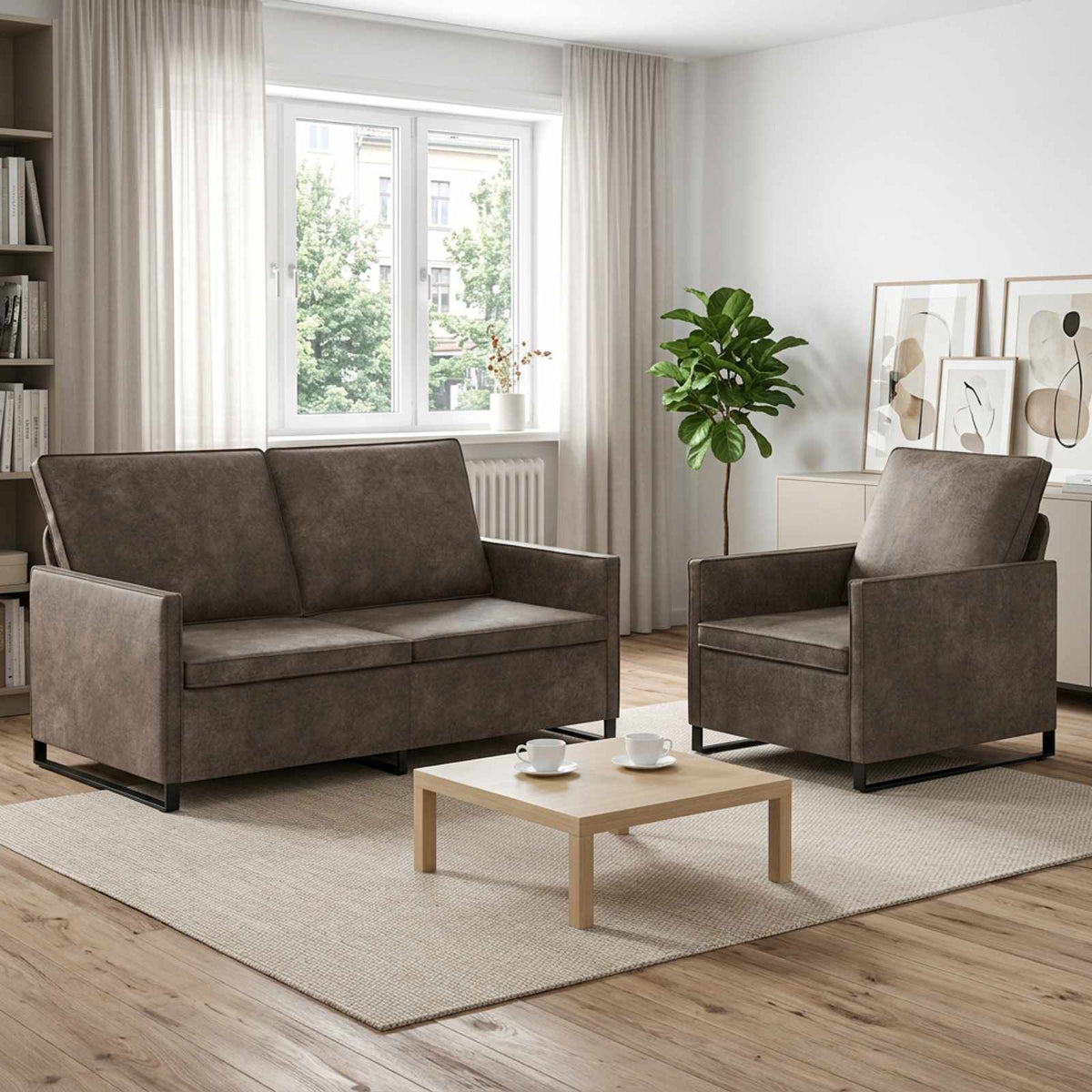 Sofa Set 2 pcs Faux Suede Fabric Dark grey 1-Seater + 2-Seater (140 cm)